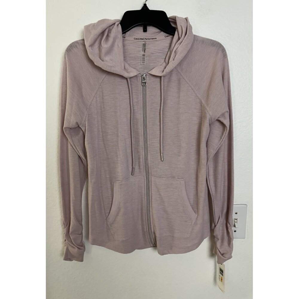 Calvin Klein Hoodie Womens Medium Brown Knit Performance Ruched Sleeve Full Zip - Picture 3 of 16